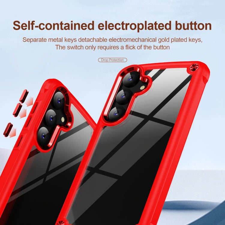Red TPU + PC lens protection phone case for Samsung Galaxy S24 5G, showcasing its durable design and electroplated alloy frame.